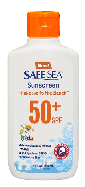 Safe Sea Jellyfish Sting-Blocking Sunscreen for Kids, SPF 50+ Lotion 4oz, Waterproof, Biodegradable Body and Face Sunscreen, Anti-Jellyfish and Sea-Lice sting protection.