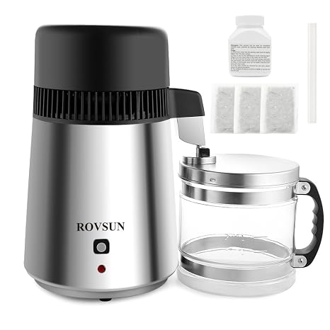 ROVSUNUpgraded 1.1 Gallon/4L Water Distiller Stainless Steel for Home, 750W Distilled Water Maker Machine, Water Distillers Countertop, Water Maker Purifier with Glass Container, 1L/H