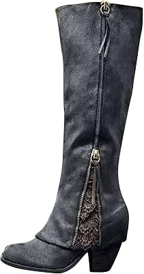 Bcshiye Womens Cowboy Boots Fashion Round Toe Low Heel Riding Boots Knee High Knight Boots Side Zipper Western Boots