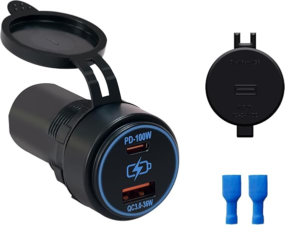 100W Dual USB Car Charger Socket PD100W QC3.0 Fast Charging Type C & Type A Ports 12V/24V Compatible for Cars Trucks RVs Boats Marine (PD100W QC3.0)
