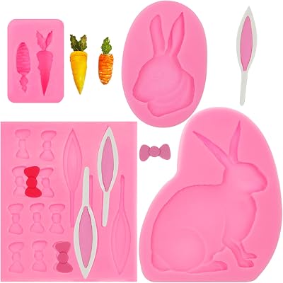 Easter Rabbit Fondant Mold 4PCS, Rabbit Bunny Ear Carrot Chocolate Silicone Mold for Cake Decoration Candy Sugar Cupcake Topper Resin Polymer Clay Crafts