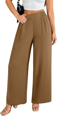 Acelitt Womens Wide Leg Pants Elastic High Waist Casual Palazzo Pants Trousers with Pockets