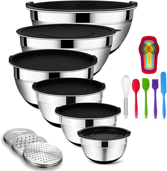 Rottay Mixing Bowls Set with Airtight Lids, 20PCS Stainless Steel, Nesting Bowls with 3 Grater Attachments & Non-Slip Bottoms, Size7, 4, 3, 2, 1.5, 1QT Bowls for Baking&Prepping
