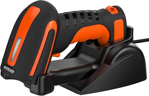 Symcode Bluetooth 2D QR Barcode Scanner with Charging Stand,Industrial Dustproof and Waterproof 3 in 1 Compatible with Bluetooth & 2.4GHz Wireless & Wired Connection with Vibration Alert Orange