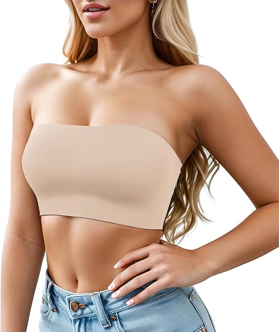 Strapless Bra for Women, Non-Slip Seamless Bandeau Bra, Wireless Non-Padded Bralette(D383-New+D130-Beige-XL