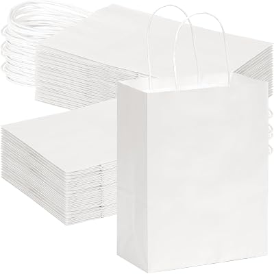 OUTUXED 120pcs Gift Bags - White Kraft Paper Bags with Handles, Medium Size 7.1x3.6x9.3in - Perfect for Parties and Businesses
