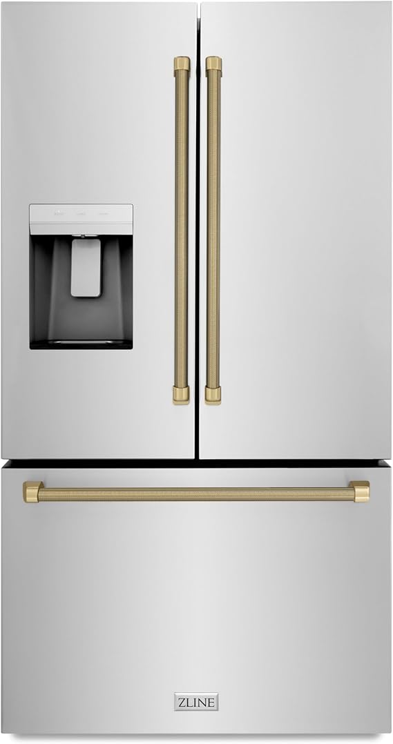 ZLINE Autograph Edition 36 in. 28.9 cu. ft. Standard-Depth French Door External Water Dispenser Refrigerator with Dual Ice Maker in Fingerprint-Resistant Stainless Steel and Champagne Helix Handles