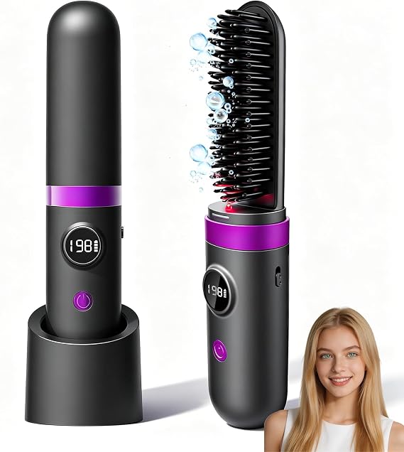 Go Brush Pro Cordless Hair Straightener Brush, 2026 Upgraded Portable Hair Straightener, Negative Ionic Hot Comb, Infrared Light Waves, MCH Fast Heating, 3 Temp, Travel Hair Styling Tools for Women