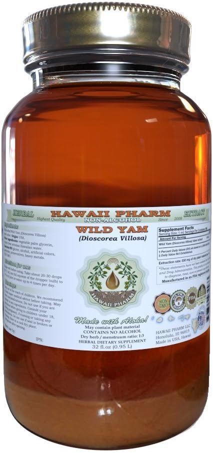 Hawaii Pharm Wild Yam Alcohol-Free Liquid Extract, Wild Yam (Dioscorea Villosa) Dried Tuber Glycerite Natural Herbal Supplement, USA 32 fl.oz