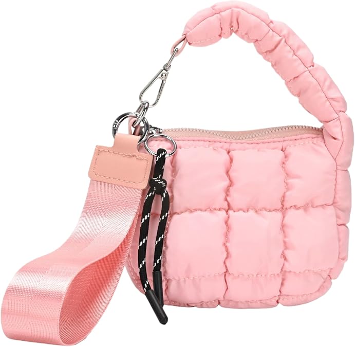 Quilted Mini Puffer Pouch Wristlet Wallets for Women,Nylon Padded Puffer Handbags Accessories,Cute Charm Lipstick Bag