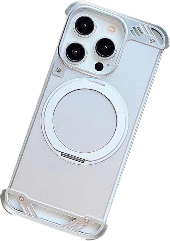 Case for iPhone 16 Pro Max/16 Pro/16 Plus/16, Minimalist Aluminum Alloy Case with Metal Kickstand Slim Frameless Shockproof Cover Shell,Silver,16 Plus
