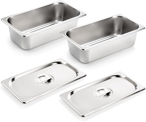 Kingrol 2 Pack 1/3 Size Hotel Pans with Lids, 3-5/8" Depth, 22 Gauge Steam Table Pan, Stainless Steel Counter pan, Food Service Pan for Kitchen