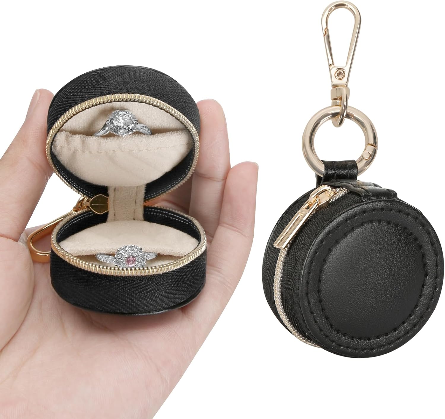Jewelry Ring Holder Box with Keychain, Portable Gym Jewelry Storage Box Case, Small Travel Ring Earring Stud Necklace Storage Case Black