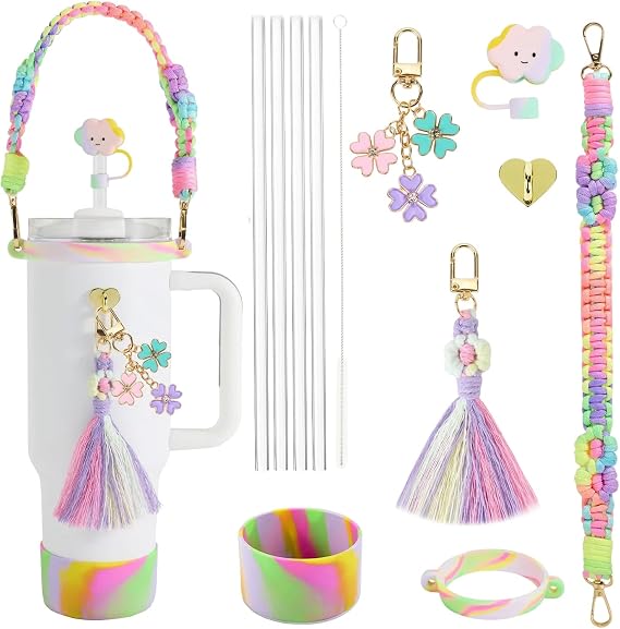 12 Pcs Stanley Cup Accessories Set, Water Bottle Handle Strap, Stanley Straw Cover, Stanley Cup Boot, Stanley Charms for Stanley Cup 30oz & 40 oz Tumbler (Colorful)