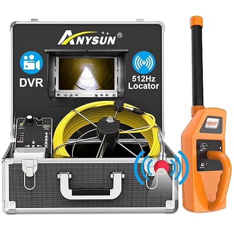 Anysun Sewer Inspection Camera with Locator, 165ft Pipe Camera with 512Hz Sonde Transmitter and Receiver, IP68 Waterproof Industrial Plumbing Endoscope Drain Snake Cam with 7" LCD Monitor