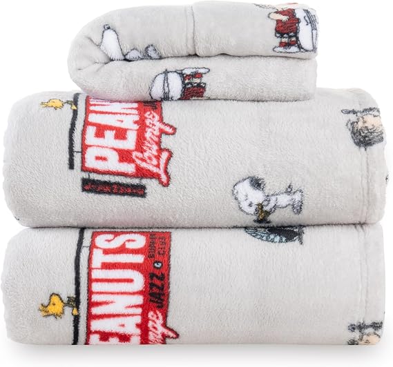 Berkshire Peanuts Velvetloft Plush Twin Sheet Set,Extra Warm Fleece Sheets,3-Piece Cute Character Snoopy Printed Soft Plush Sheet Set,Jazz Lounge Grey Red