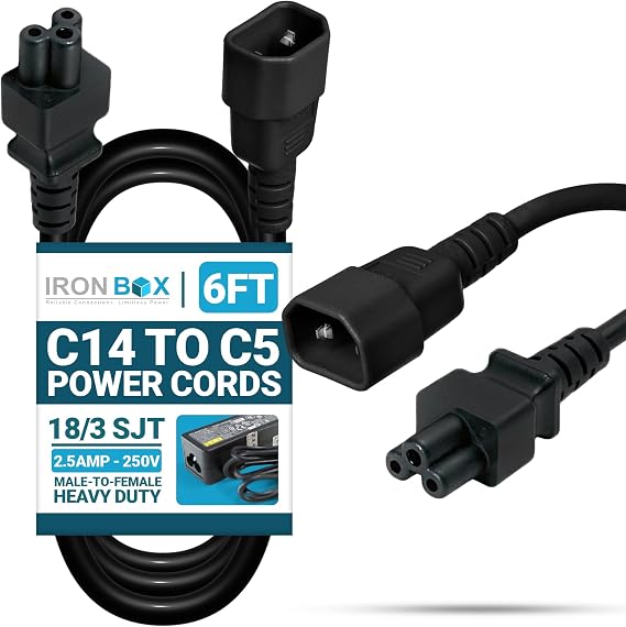 IronBox Electric C14 to C5 Power Cords - 2.5A, 250V, 18/3 SJT - UL Listed Power Extension Cable - Electrical Supply - Heavy Duty Plug and Connector for Computer, Monitor, Laptop, PDU and More (6 ft)