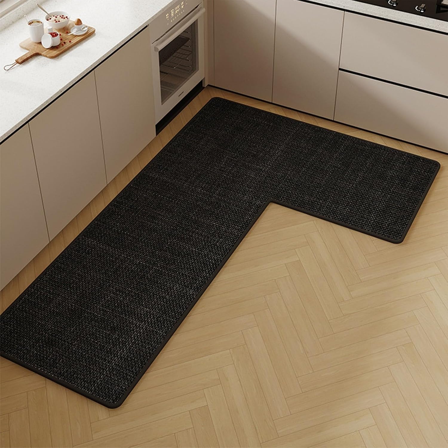 L-Shaped Kitchen Mat Set, Cushioned Anti-Fatigue Floor Rugs with Non-Slip Backing, 4mm Thick Easy Clean Water-Resistant Runner for Corner Kitchens, Laundry, Entryway(Color 2 R,140 X 180CM)