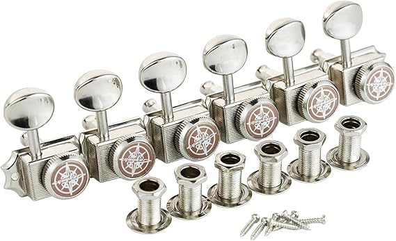 Guyker 6-in-line Vintage Guitar Lock String Tuners Locking Tuning Key Pegs Machine Heads Replacement Parts for ST TL Style Electric Guitars Gear Ratio 1:15 nickel