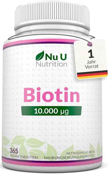 Biotin Hair Growth Supplement 365 Tablets (Full Year Supply) - 100% MONEY BACK GUARANTEE – Nu U High Strength Biotin 10000 mcg Vitamin B7 for Healthy Hair Nails & Skin - Suitable For Vegetarians – Double Strength of 5000 MCG competitors