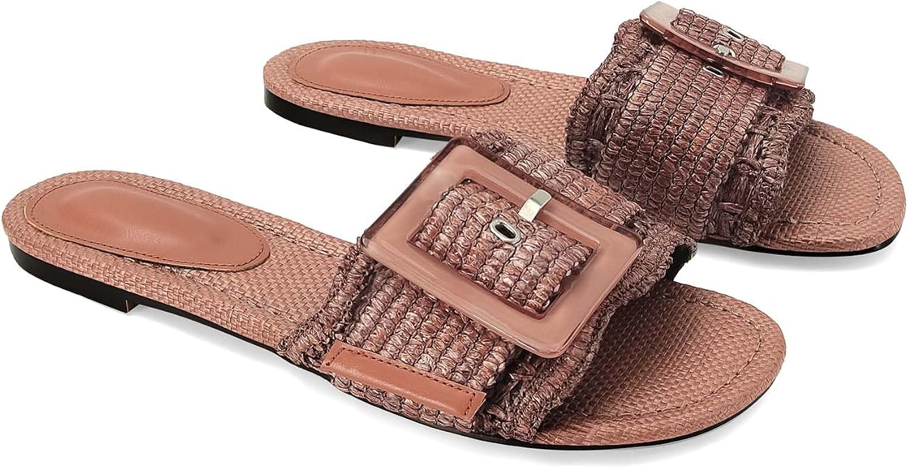 ZJGZF Raffia Sandals for Women Buckle Straw flats Woven Braided Rattan Slides Summer Beach Sandals Comfort Cute Shoes