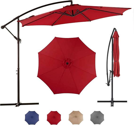 Simple Deluxe 9.8ft Offset Umbrella Cantilever Patio Hanging Umbrella Outdoor Market Umbrella with Crank & Cross Base Suitable for Garden, Lawn, backyard and Deck, Red