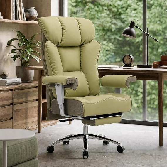 Efomao Desk Office Chair, Big and Tall Ergonomic Executive Chair with Footrest, High Back Reclining Computer Desk Chair, Thick Padded Wide Armrests 200KG Heavy Duty PU Leather Office Chair