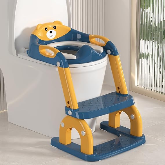 2 in 1 Potty Training Seat with Ladder for Toddler, Upgraded Adjustable Height Potty Training Toilet Splash Guard Anti-Slip Pad Step Stool for Boys and Girls(Yellow and Blue)
