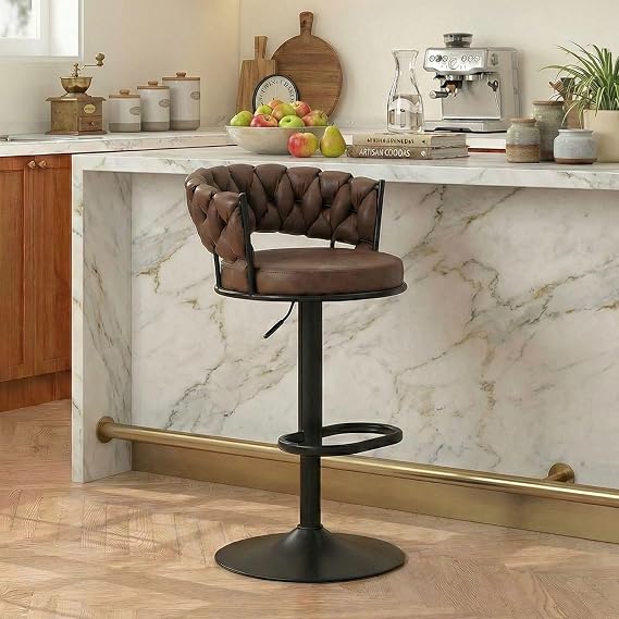 YOUNIKE Bar Stool, Height Adjustable Counter Stool with Woven Back and Armrest, Swivel Bar Chair with Footrest, Suede Fabric Upholstered Barstool for Kitchen Island & Pub, 1 pc Dark Brown