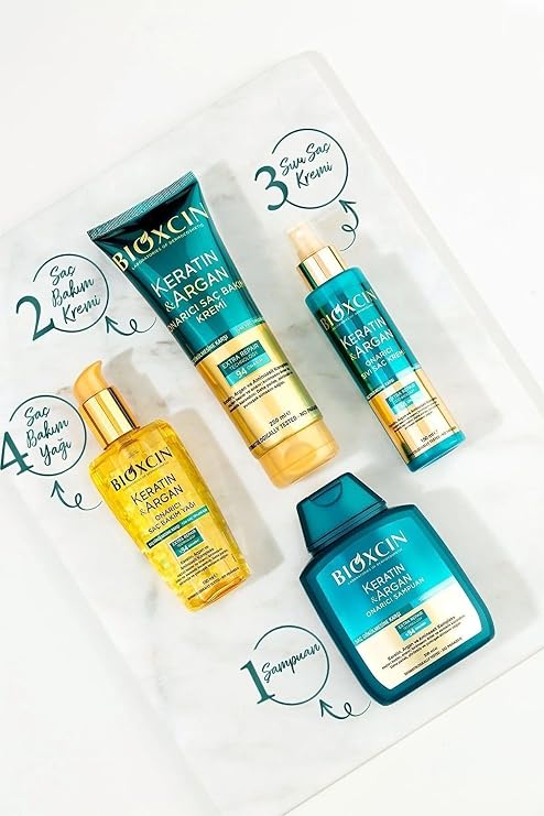 Bioxcin Keratin & Argan Onarıcı Şampuan 300ml + Keratin Argan Saç Bakım Yağı + Saç Kremi+Onarıcı SıvıYağ