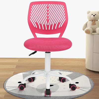 FurnitureR Kids Desk Chair, Adjustable Swivel Task Chair with Mesh Cushion, Ergonomic Plastic Back, Smooth Rolling Wheels, Space-Saving Armless Study Chair for Children & Teens, Hot Pink