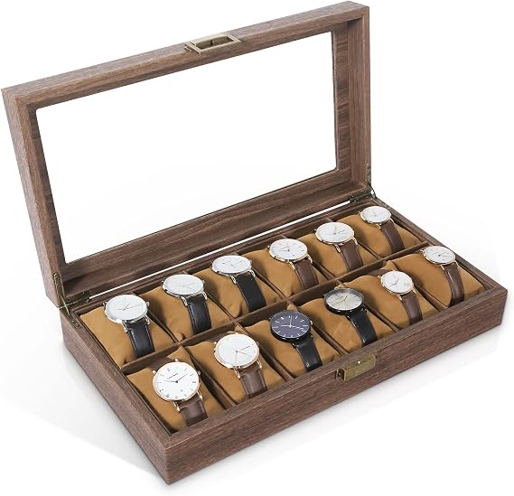 Uten Watch Box 12 Slots, Watch Case Organizer with Real Glass Lid, Wood Grain PU Leather Watch Display Storage Box with Removable Imitation Suede Watch Pillows, Metal Clasp | Watch Jewelry Box, Soft Pillow, Metal Clasp, for Watch Size up to 55mm, Gifts for Collector, Anniversary, Christmas