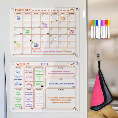 Magnetic Acrylic Clear Fridge Calendar Planner Note Board Set for Fridge,8Colors Markers,Erase Towel Clear, Monthly & Weekly