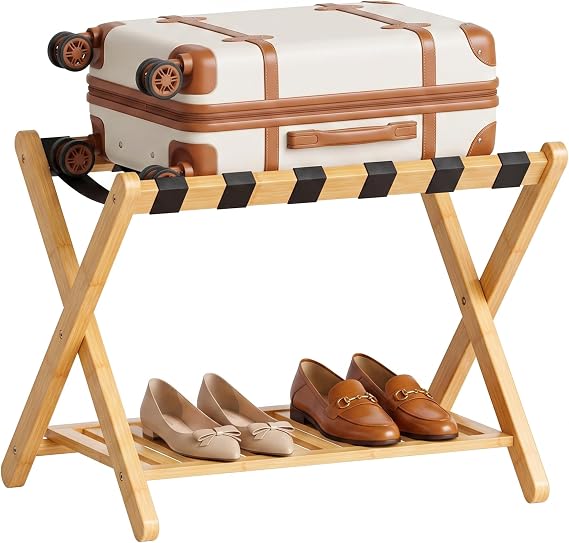 SMIBUY Luggage Rack, Foldable Bamboo Suitcase Stand with Storage Shelf for Guest Room, Bedroom, Hotel, Heavy-Duty, 1 Pack (Natural)