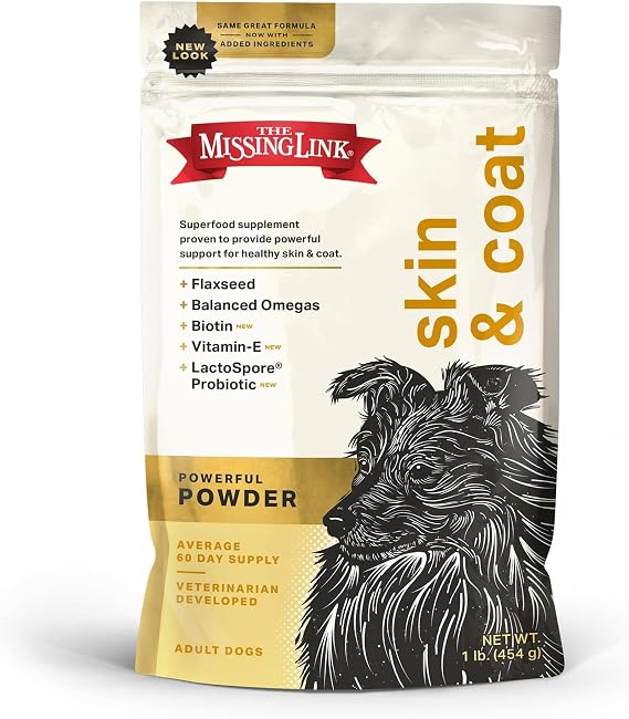 The Missing Link Skin & Coat Superfood Supplement Powder, Dogs, 1 lb | Soft & Glossy Coats, Reduced Shedding, Supports Hair Growth, Protect & Soothe Skin, Vitamin E, Biotin, Probiotics, Omegas