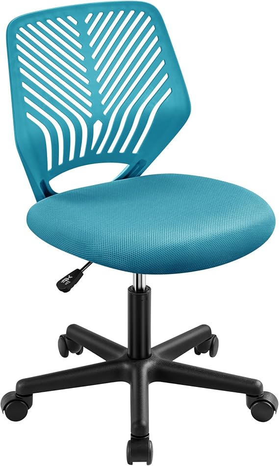 Yaheetech Small Desk Chair, Armless Adjustable Swivel Seat, Turquoise | Padded mesh seat and ventilated resin back, compact armless frame rolls and adjusts for study and small desks, holds 300 lb.