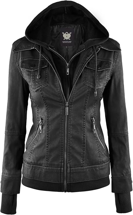 Lock and Love Women's Faux Leather Moto Biker Jacket Coat with Removable or Non-Removable Hood
