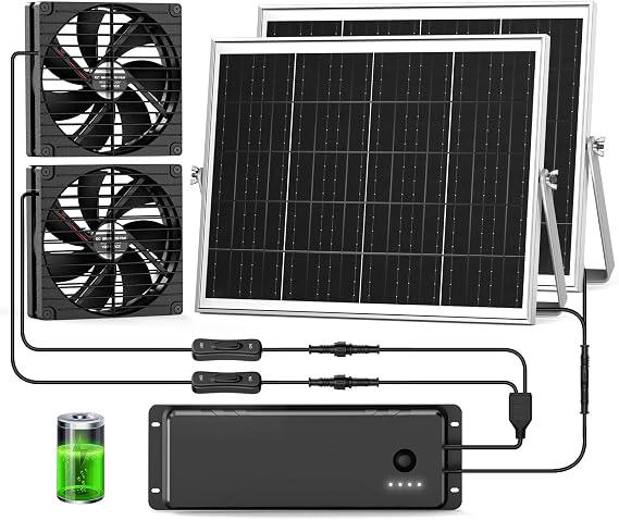 7.1" Solar Fan with Battery, 25W x 2 Large Solar Powered Rechargeable Fan Outdoor Waterproof, 25600 mAh Battery Exhuast or Intake Fans for Chicken Coop Greenhouse Dog Shed Ventilation Cooling