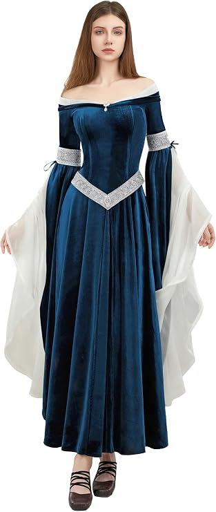 daizbella Medieval Renaissance Dress Elf Clothing Retro Gown Dress with Chiffon Sleeves