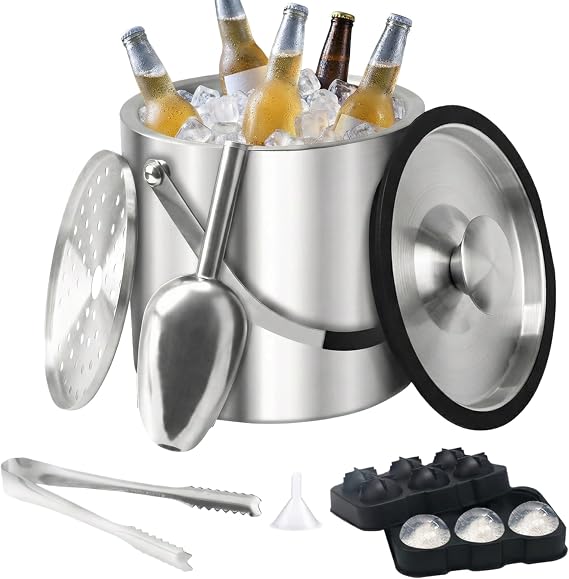 4L Ice Bucket with Lid and Tongs, Double Walled Insulated Ice Bucket | Large Stainless Steel Ice Bucket with Scoop Strainer Ice Cube Moulds for Parties Home Bars Pubs BBQ Picnics Cocktail