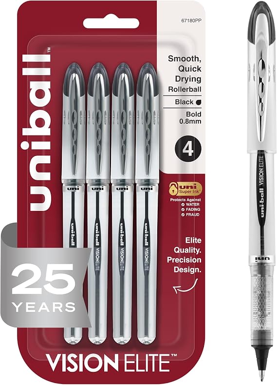 uniball Vision Elite Rollerball Pens, Bold Point (0.8mm), Black, 4 Pack