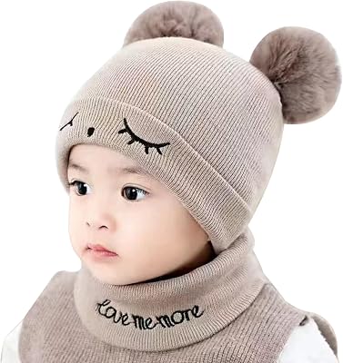 Baby Winter Hat Scarf Set, Boys and Girls Autumn and Winter Pompoms Knitted Hats