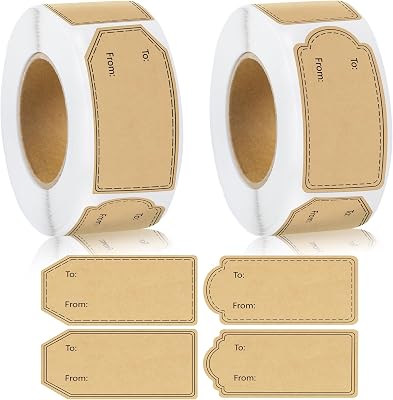 600 Pcs Gift Tag Stickers, 4 Styles Natural Kraft to and from Gift Tag Stickers 1.18X2.36 Self Adhesive Christmas Labels Holiday Present Labels, 300 PcsRoll