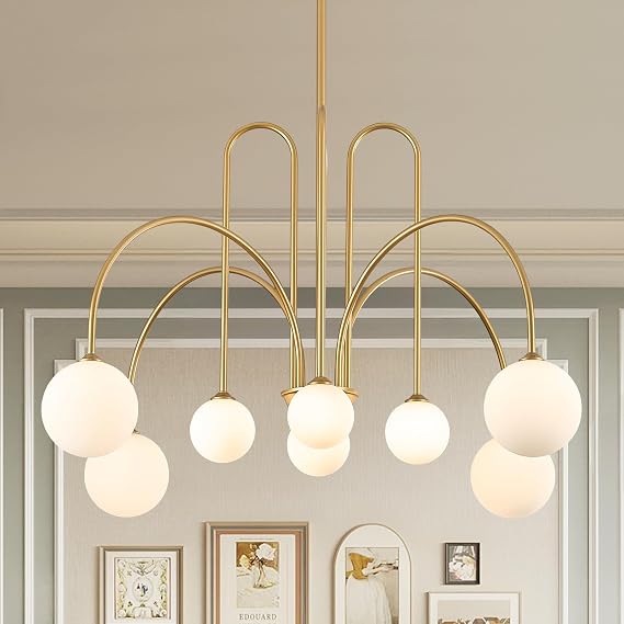Gold Sputnik Chandelier with Milk Glass Globe 8 Lights L41 Inch