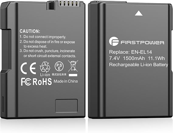 FirstPower EN-EL14/EN-EL14a Battery (2-Pack, 1500mAh) for Nikon Cameras | Compatible with Nikon D5600 D5500 D5300 D5200 D5100 D3500 D3400 D3300 D3200 D3100 DF Coolpix P7000 P7100 P7700 P7800