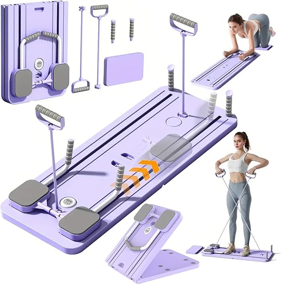 Upgraded Pilates Reformer Board, Foldable 5 in 1 Pilates Machine, Multifunctional Full Body Workout Trainer Auto Rebound, Strength & Balance Ab Roller Training for Home & Gym