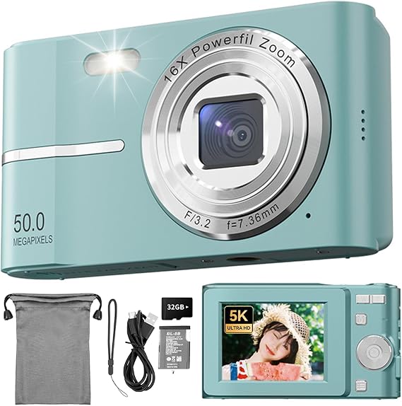 Digital Camera Digicam 44 Megapixels 1080P Video Recording Auto Focus AF Function HD Camera Image Stabilization Lightweight Portable USB C Charging 2.4 Inch IPS Screen 32g Memory Card Included Green