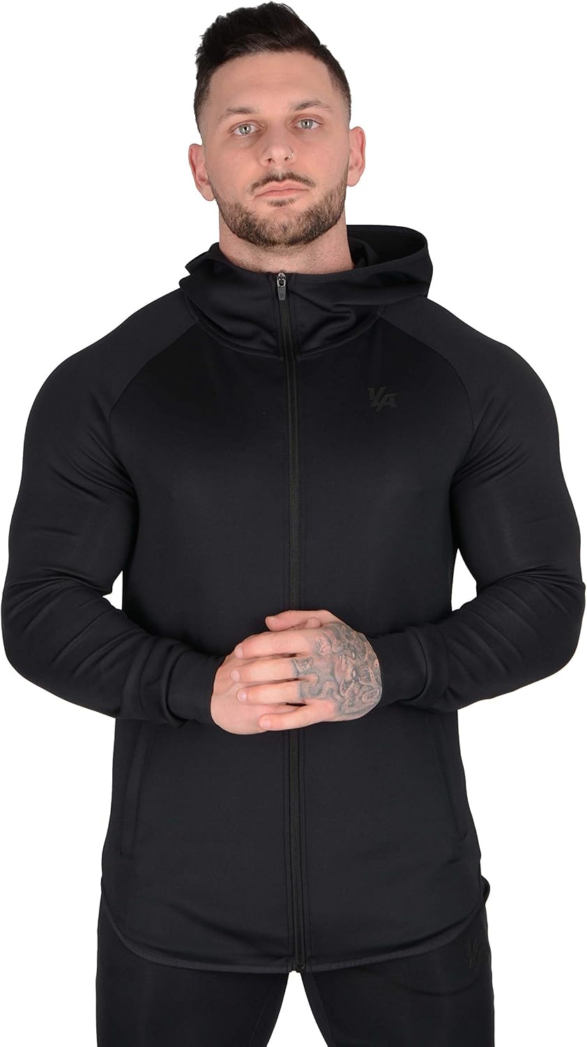 YoungLA Track Jacket Men Zip Up with Hood & Pockets | Athletic Gym Workout Training Jackets | 529 Black XXL