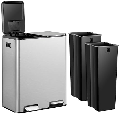 F2C Dual Trash Can,16 Gallon(60L) Kitchen Garbage Can with Lids, Step-on Foot Pedals and Inner Buckets,Rectangular Stainless Steel Dual Compartment Recycling Bins for Kitchen Office Home Use (Silver)