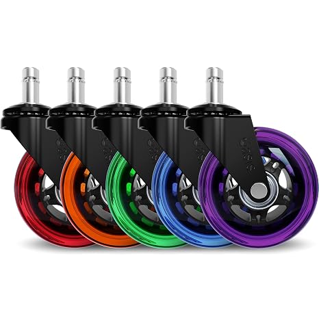 The Office Oasis Original Roller Style Office Chair Wheels (As Seen On PBS) - Smooth & Quiet Casters - Safe for Hardwood Floors & Carpet - Easy Installation with Universal Fit - Set of 5 - Rainbow